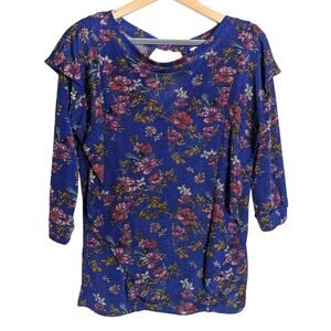 FREE PEOPLE Dock Street Ruffle Floral Blue 3/4 Sleeve Top Women Size S Bloomcore